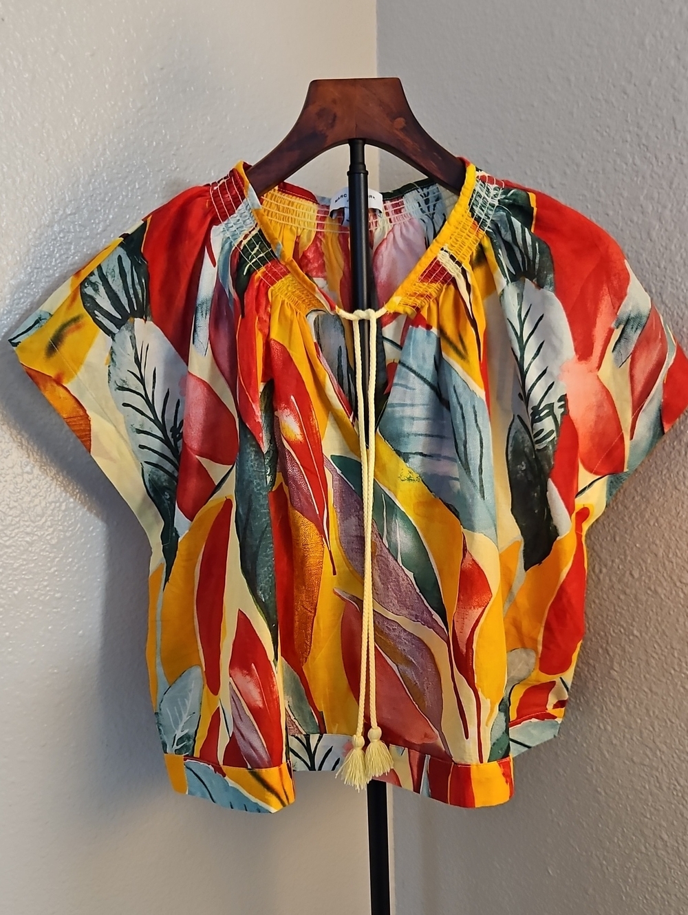 Marc New York Jeans Tropical Leaf Print Smocked Tassel Blouse Small